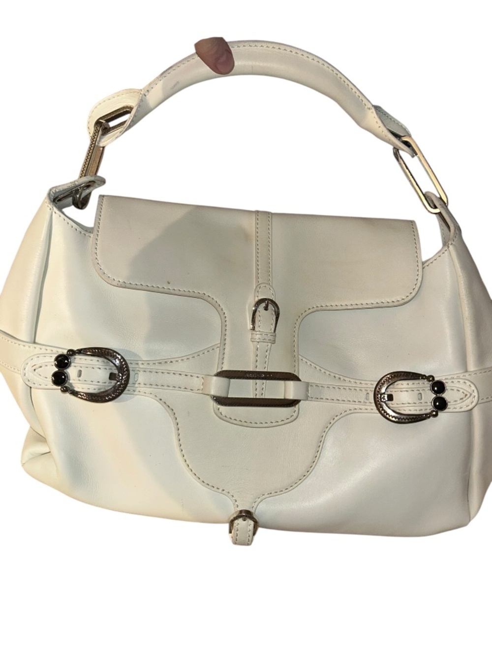 jimmy Choo white leather silver etched hardware satchel purse bag